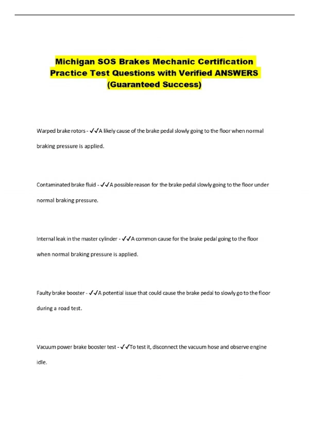 Michigan SOS Brakes Mechanic Certification Practice Test Questions with Verified ANSWERS ...