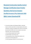 Maryland Construction Quality Control &NewLine;Manager Certification Exam Practice &NewLine;Questions And Correct Answers &NewLine;&lpar;Verified Answers&rpar; Plus Rationale 2026 &NewLine;Q&A&vert; Instant Download Pdf 