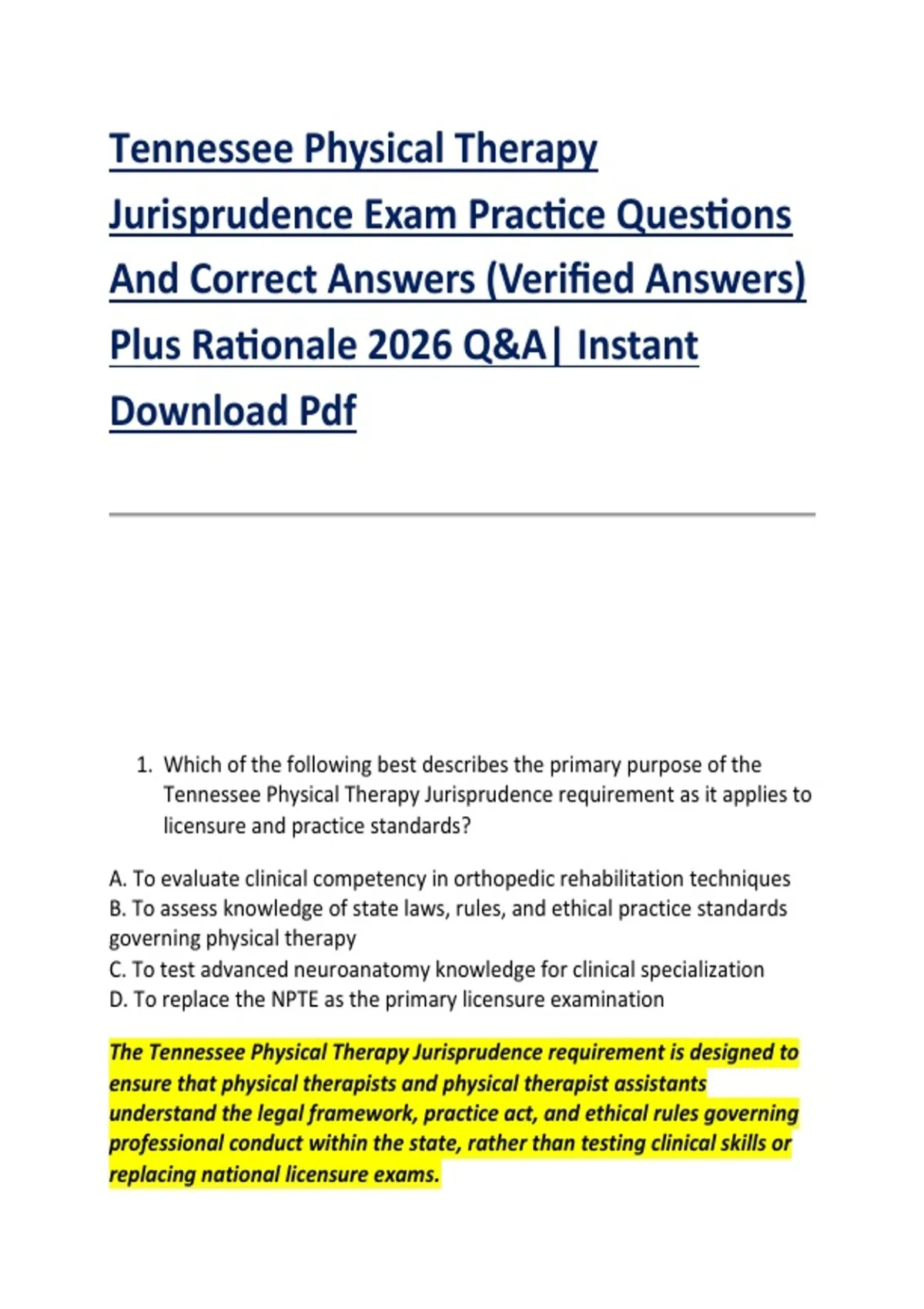 Tennessee Physical Therapy Jurisprudence Exam Practice Questions And ...