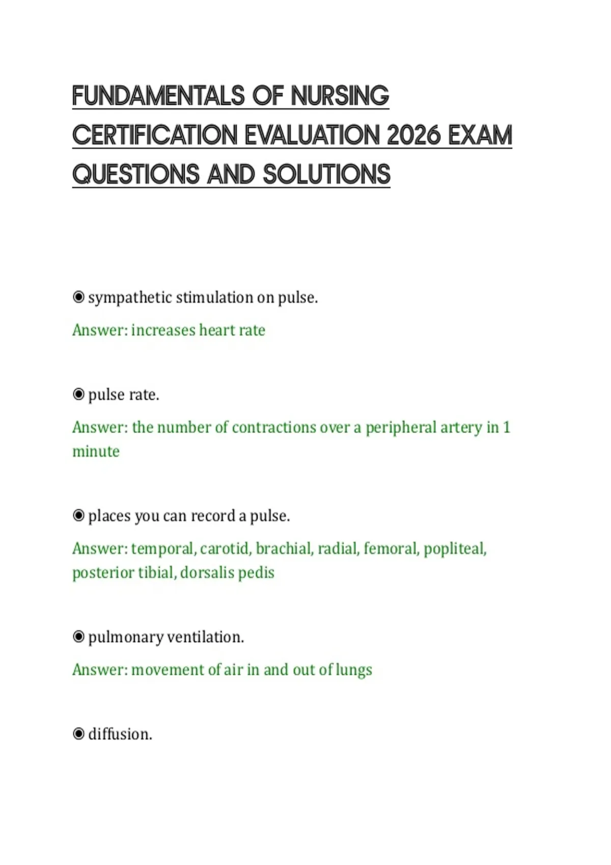FUNDAMENTALS OF NURSING CERTIFICATION EVALUATION 2026 EXAM QUESTIONS ...