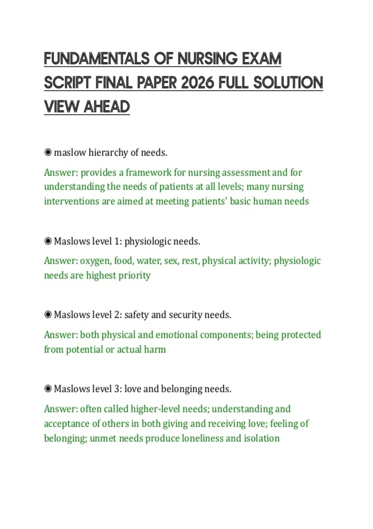 FUNDAMENTALS OF NURSING EXAM SCRIPT FINAL PAPER 2026 FULL SOLUTION VIEW ...