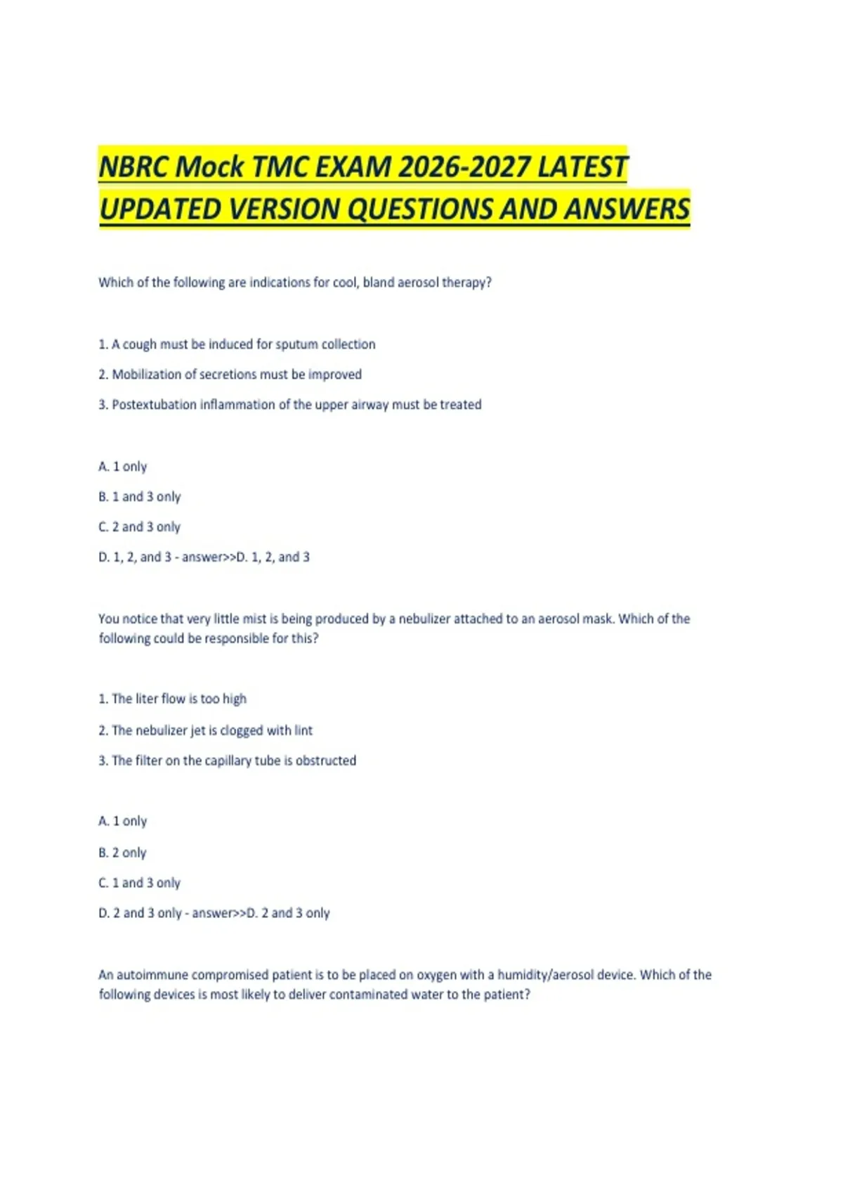 NBRC Mock TMC EXAM LATEST UPDATED VERSION QUESTIONS AND ANSWERS ...