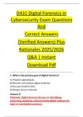 D431 Digital Forensics in &NewLine;Cybersecurity Exam Questions &NewLine;And &NewLine;Correct Answers &NewLine;&lpar;Verified Answers&rpar; Plus &NewLine;Rationales 2025&sol;2026 &NewLine;Q&A &vert; Instant &NewLine;Download Pdf 