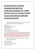 Automotive Service Excellence &NewLine;Automobile And Light Truck &NewLine;Certification Examination A5 &ndash; Brakes &NewLine;Question And Correct Answers &lpar;Verified &NewLine;Answers&rpar; Plus Rationales 2026 Q&A &NewLine;Instant Download Pdf 