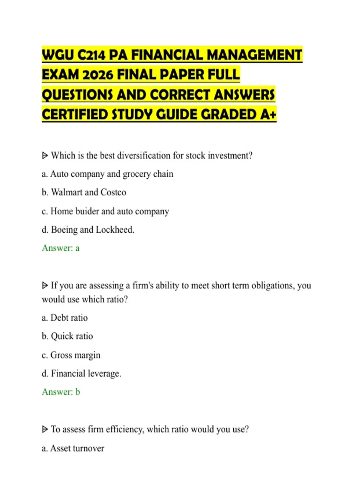 WGU C214 PA FINANCIAL MANAGEMENT EXAM 2026 FINAL PAPER FULL QUESTIONS ...