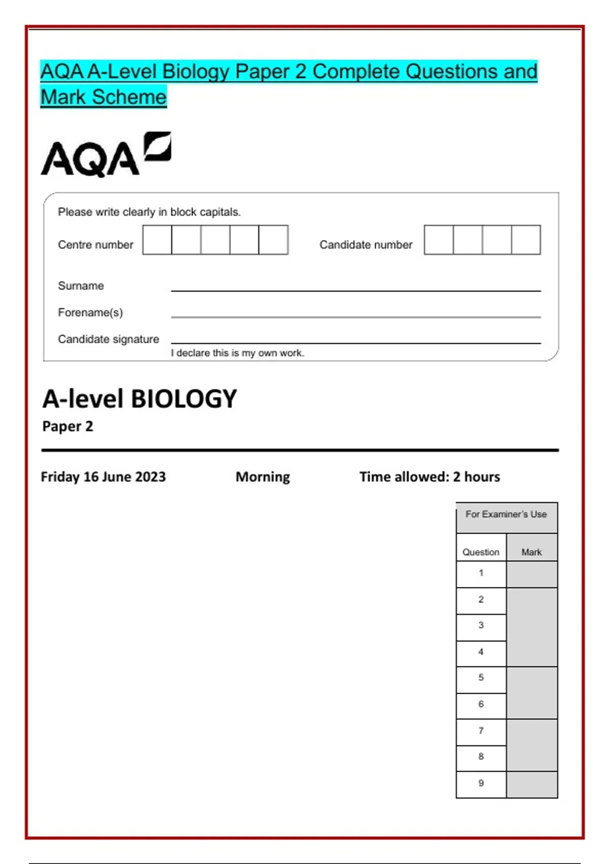 AQA A-Level Biology Paper 2 Complete Questions and Mark Scheme - AQA A ...
