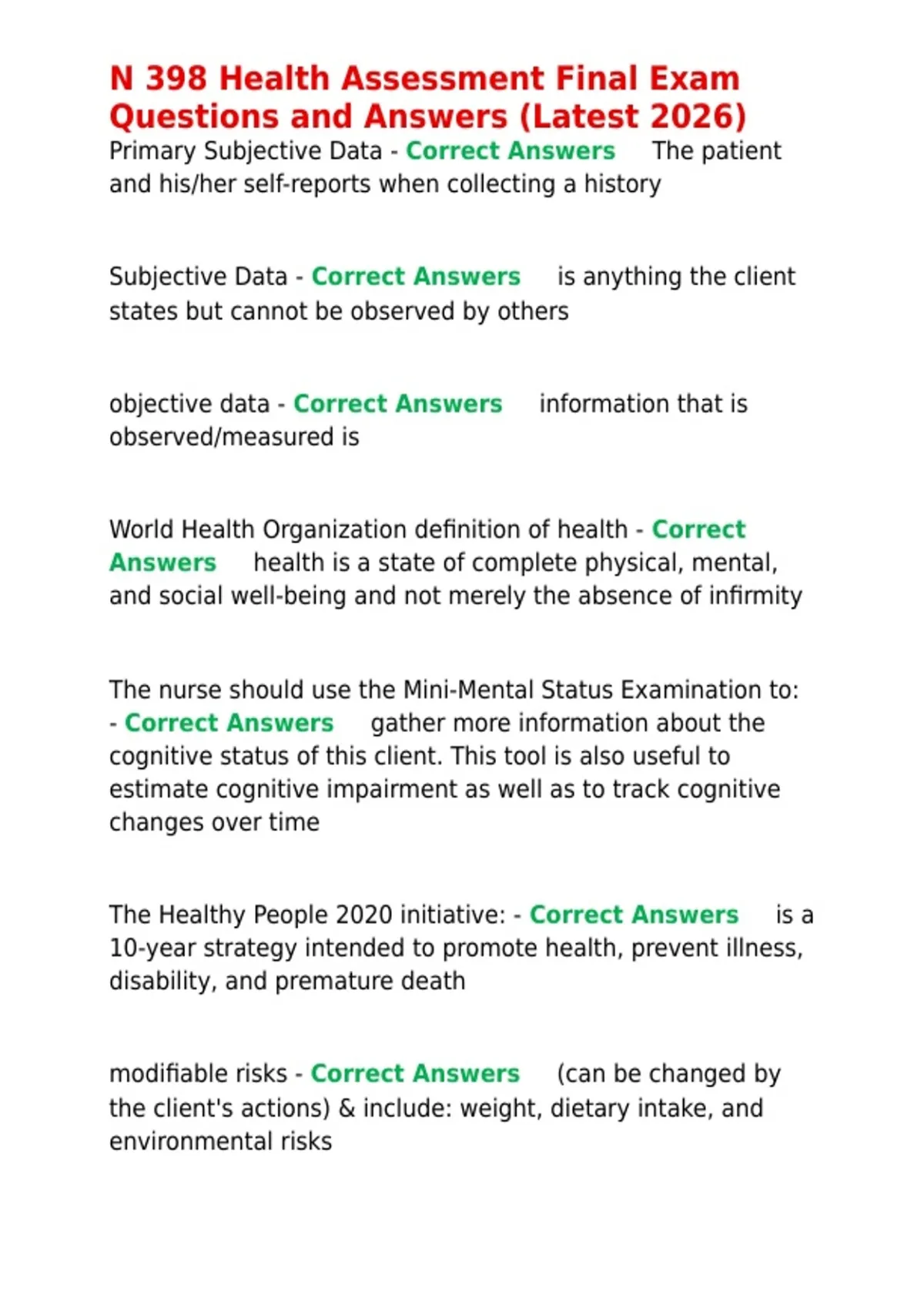 N 398 Health Assessment Final Exam Questions and Answers (Latest 2026 ...