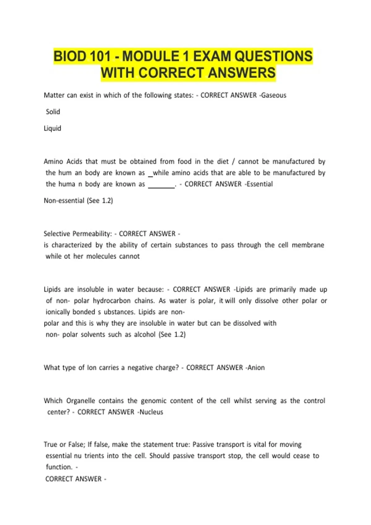 BIOD 101 - MODULE 1 EXAM QUESTIONS WITH CORRECT ANSWERS - Biod 101 ...