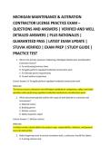 MICHIGAN MAINTENANCE & ALTERATION &NewLine;CONTRACTOR LICENSE PRACTICE EXAM &ndash; &NewLine;QUESTIONS AND ANSWERS &vert; VERIFIED AND WELL &NewLine;DETAILED ANSWERS &vert; PLUS RATIONALES &vert; &NewLine;GUARANTEED PASS &vert; LATEST EXAM UPDATE &vert; &NewLine;STUVIA VERIFIED &vert; EXAM PREP &vert; STUDY GUIDE &vert; &NewLine;PRACTICE TES