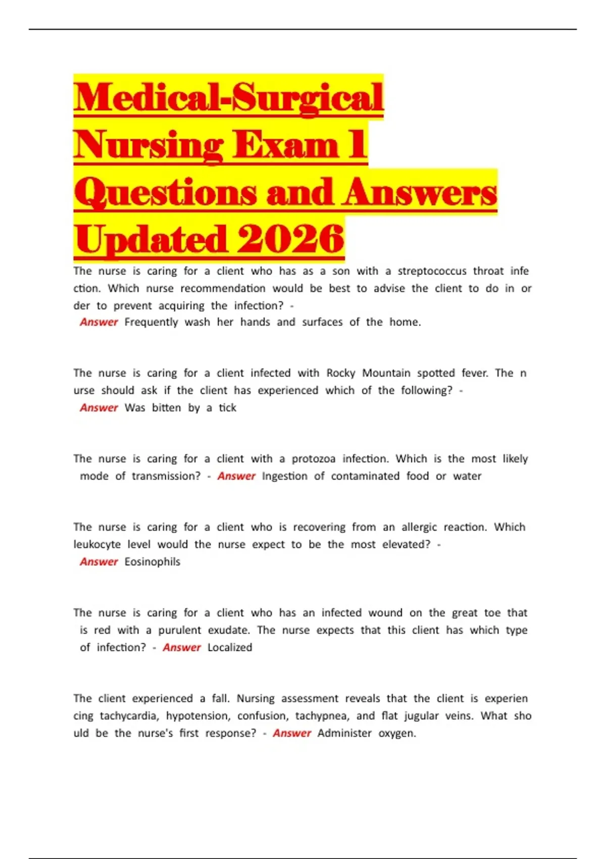Medical-Surgical Nursing Exam 1 Questions and Answers Updated 2026 ...