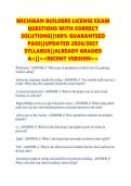 MICHIGAN BUILDERS LICENSE EXAM &NewLine;QUESTIONS WITH CORRECT &NewLine;SOLUTIONS&vert;&vert;100&percnt; GUARANTEED &NewLine;PASS&vert;&vert;UPDATED 2026&sol;2027 &NewLine;SYLLABUS&vert;&vert;ALREADY GRADED &NewLine;A&plus;&vert;&vert;<<RECENT VERSION>> 