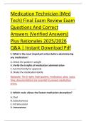 Medication Technician &lpar;Med &NewLine;Tech&rpar; Final Exam Review Exam &NewLine;Questions And Correct &NewLine;Answers &lpar;Verified Answers&rpar; &NewLine;Plus Rationales 2025&sol;2026 &NewLine;Q&A &vert; Instant Download Pdf 