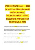 SPCE 630 FINAL Exam &vert;&vert; 2026 &lpar;Actual Exam&rpar; Questions with verified Answers &vert; FREQUENTLY MOST TESTED QUESTIONS AND VERIFIED &NewLine;SOLUTIONS &commat; 2026 