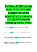 USPS Exam 421 Window Clerk Exam &vert;&vert; 2026 &lpar;Actual Exam&rpar; Questions with verified Answers &vert; FREQUENTLY MOST TESTED QUESTIONS AND VERIFIED SOLUTIONS &commat; 2026