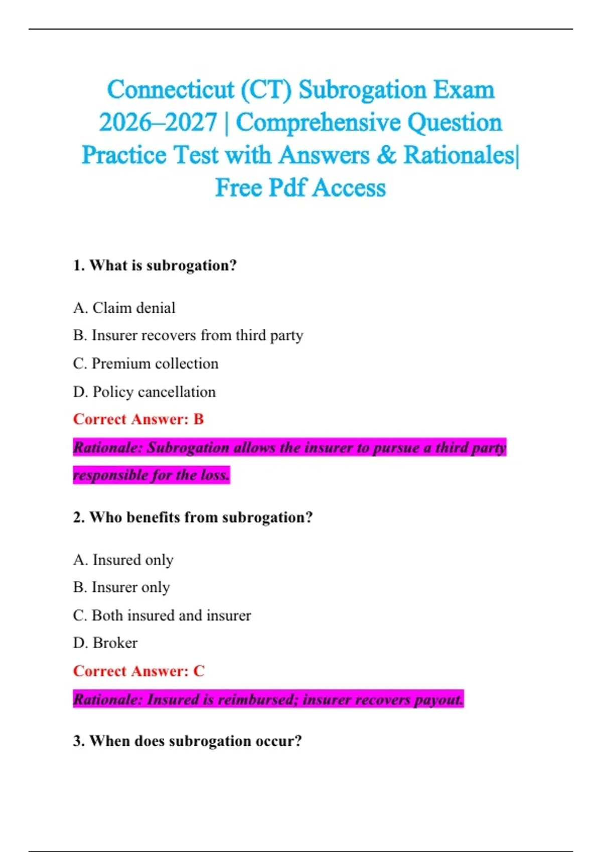 Connecticut (CT) Subrogation Exam 2026–2027 | Comprehensive Question ...