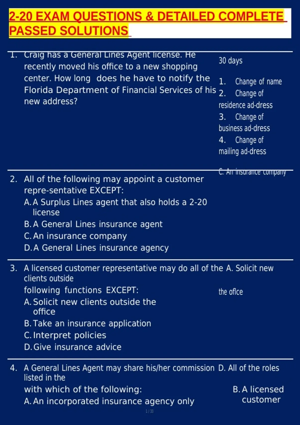 2-20 EXAM QUESTIONS &amp; DETAILED COMPLETE PASSED SOLUTIONS - Florida 2-20 agents license - Stuvia US