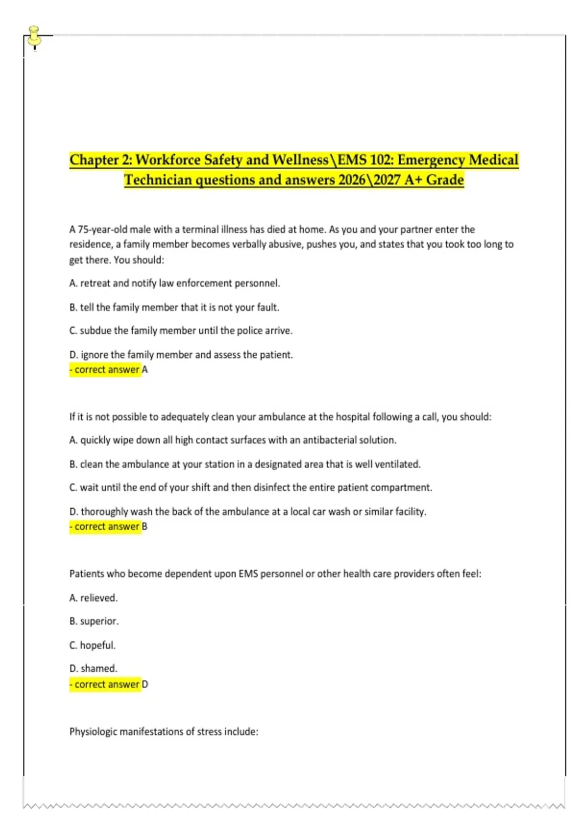 EMS 102 – Chapter 2 Workforce Safety and Wellness Questions and Answers 2026/2027 A+ Grade ...