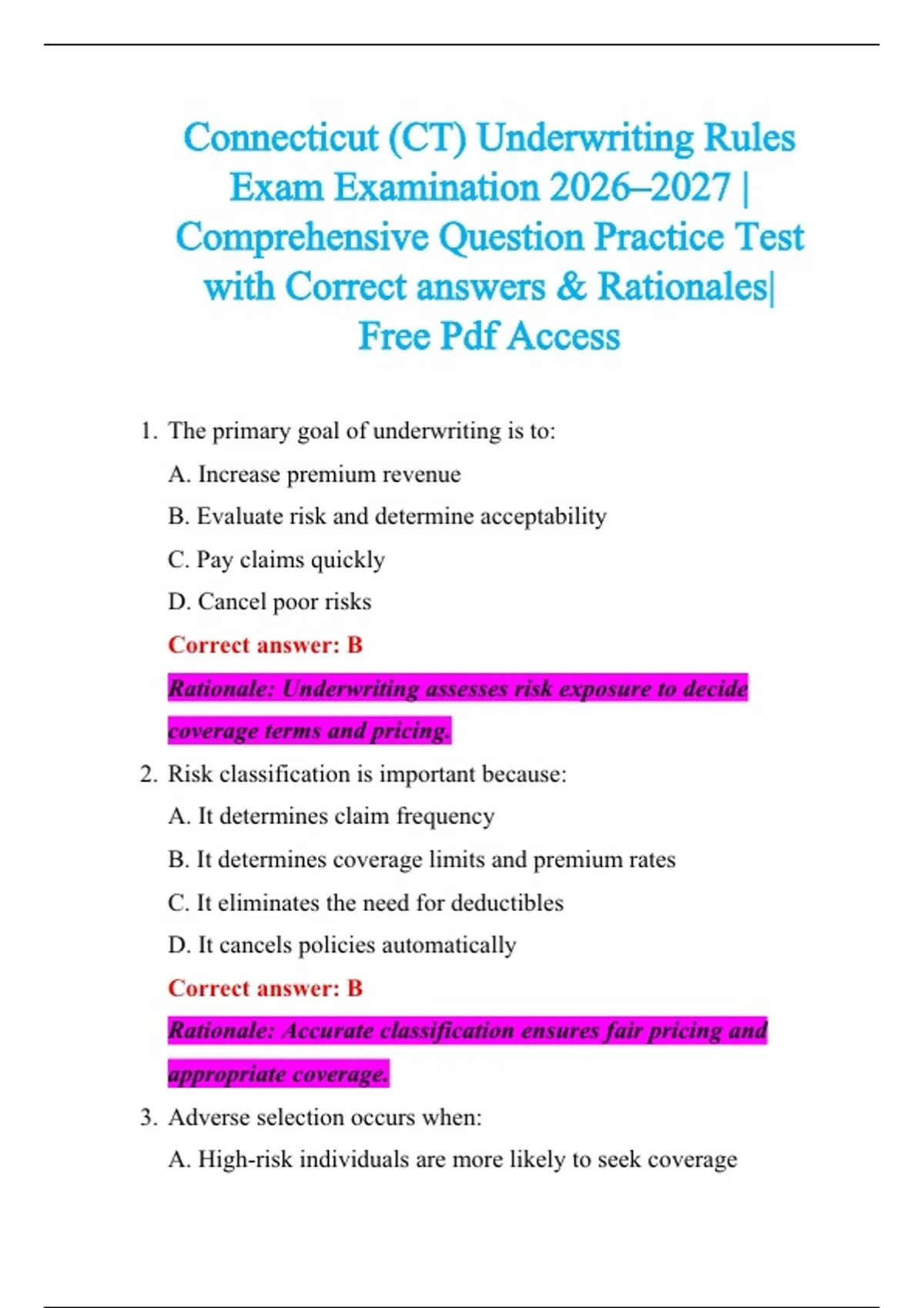 Connecticut (CT) Underwriting Rules Exam Examination 2026–2027 ...