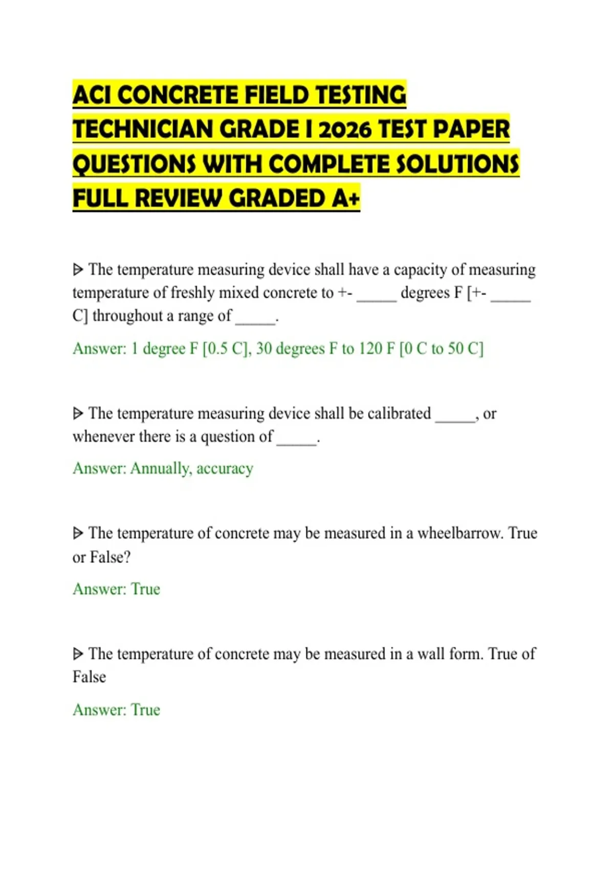 ACI CONCRETE FIELD TESTING TECHNICIAN GRADE I 2026 TEST PAPER QUESTIONS ...