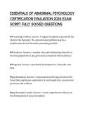 ESSENTIALS OF ABNORMAL PSYCHOLOGY&NewLine;CERTIFICATION EVALUATION 2026 EXAM&NewLine;SCRIPT FULLY SOLVED QUESTIONS&NewLine;