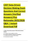 C207 Data-Driven &NewLine;Decision Making Exam &NewLine;Questions And Correct &NewLine;Answers &lpar;Verified &NewLine;Answers&rpar; Plus &NewLine;Rationales 2025&sol;2026 &NewLine;Q&A &vert; Instant &NewLine;Download Pdf 
