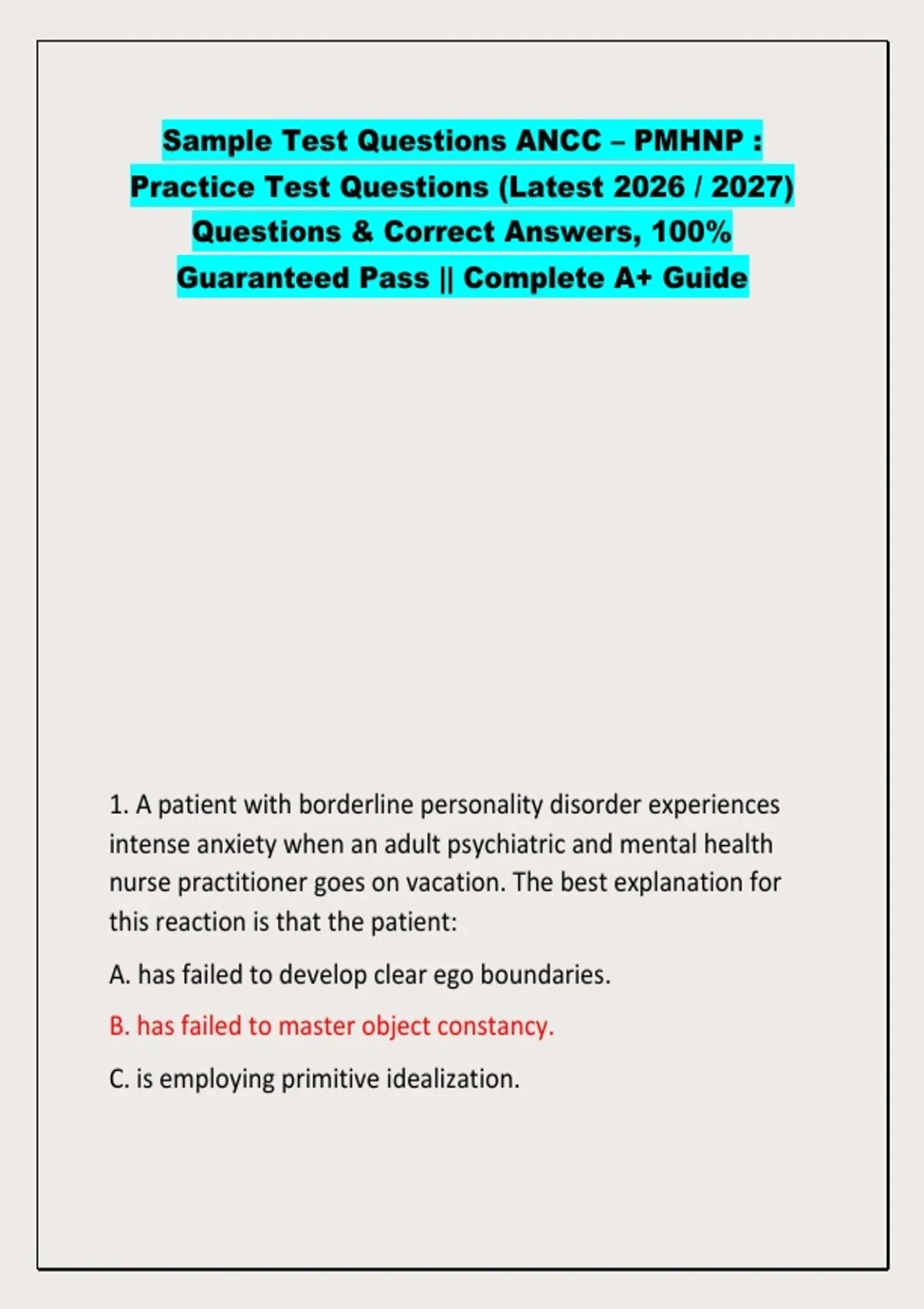 Sample Test Questions ANCC – PMHNP : Practice Test Questions (Latest ...