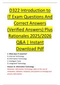 D322 Introduction to &NewLine;IT Exam Questions And &NewLine;Correct Answers &NewLine;&lpar;Verified Answers&rpar; Plus &NewLine;Rationales 2025&sol;2026 &NewLine;Q&A &vert; Instant &NewLine;Download Pdf 