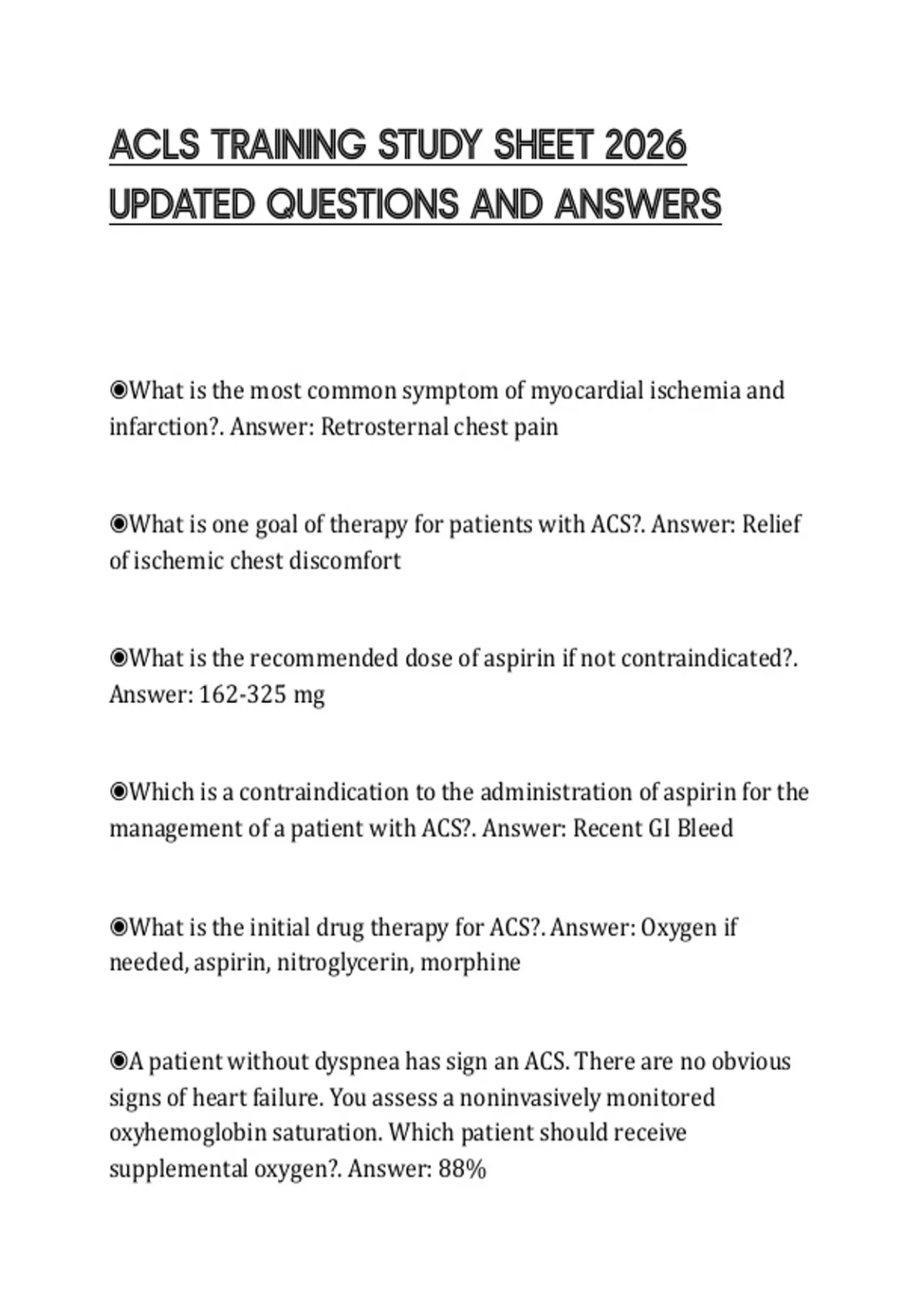 ACLS TRAINING STUDY SHEET 2026 UPDATED QUESTIONS AND ANSWERS - Acls ...