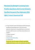 Maryland Audiologist Licensing Exam &NewLine;Practice Questions And Correct Answers &NewLine;&lpar;Verified Answers&rpar; Plus Rationale 2026 &NewLine;Q&A&vert; Instant Download Pdf  