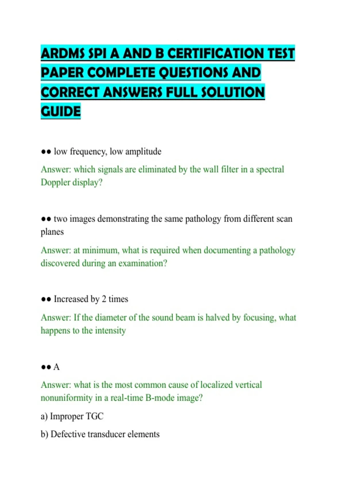 ARDMS SPI A AND B CERTIFICATION TEST PAPER COMPLETE QUESTIONS AND ...