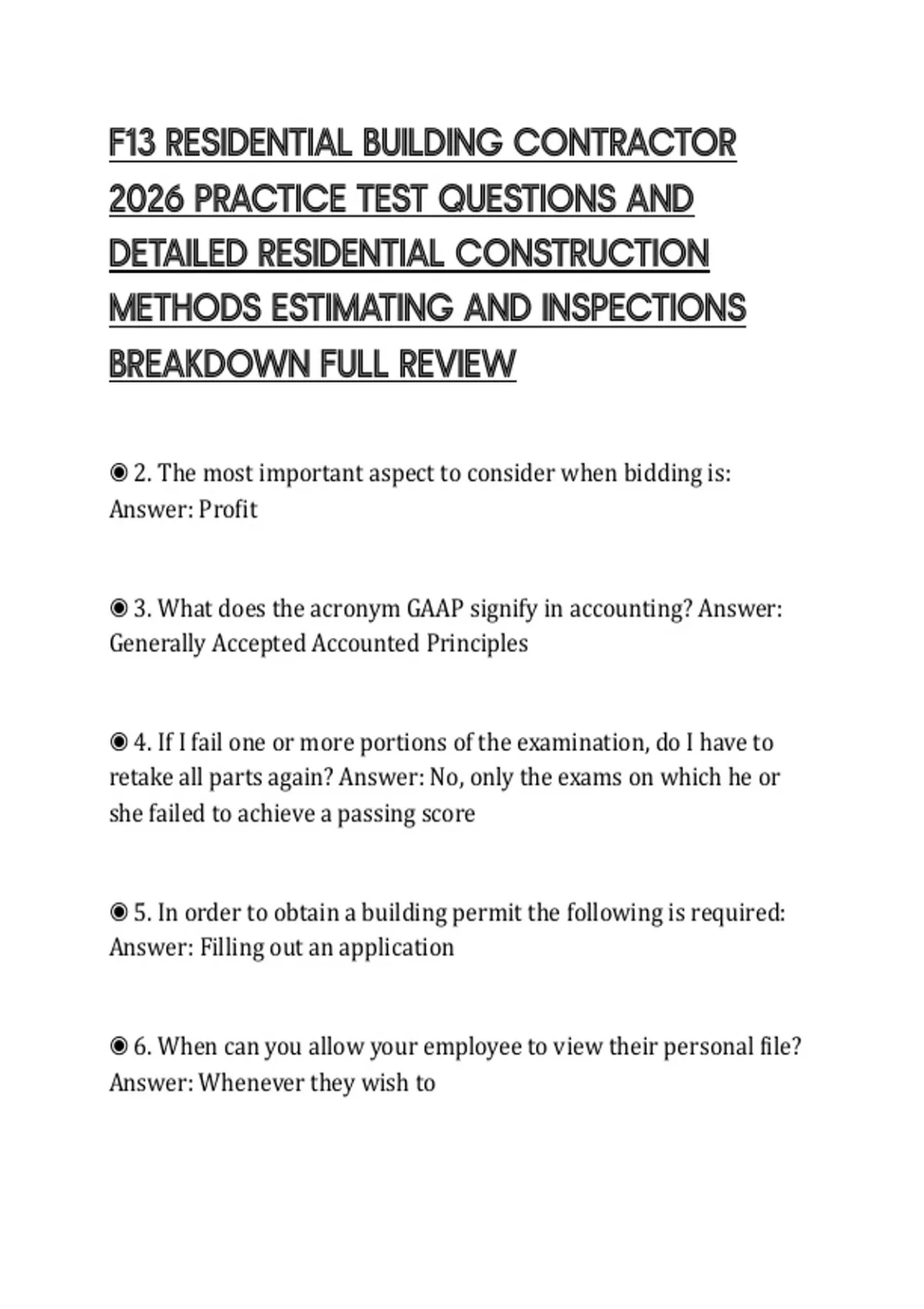 F13 RESIDENTIAL BUILDING CONTRACTOR 2026 PRACTICE TEST QUESTIONS AND ...