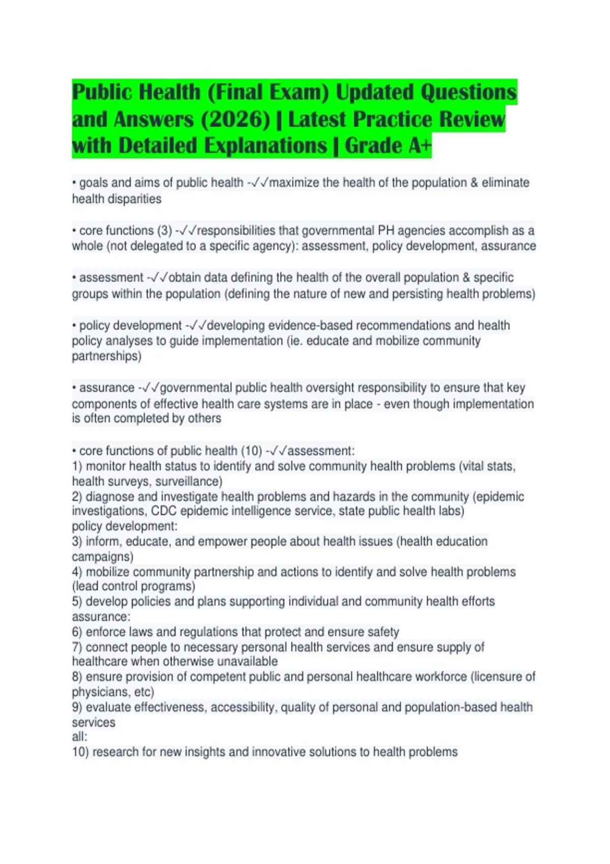 Public Health (Final Exam) Updated Questions and Answers (2026 ...