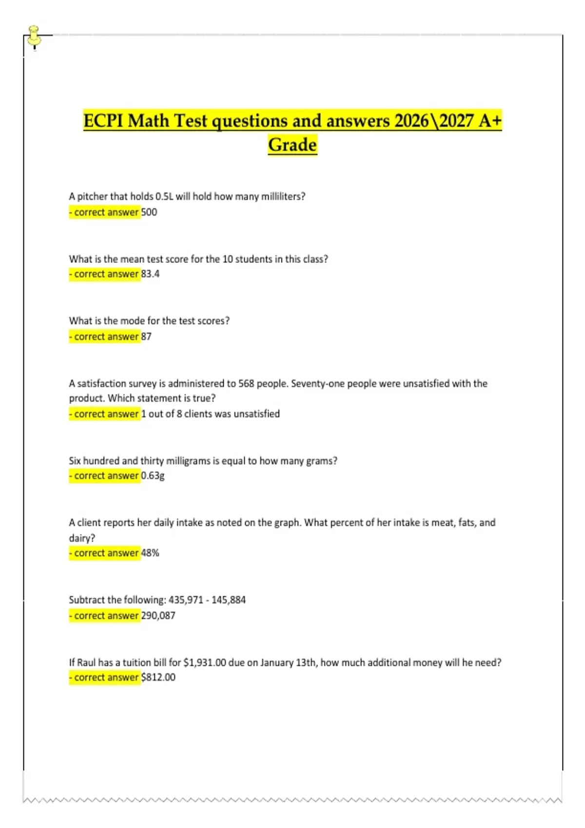 ECPI Math Test Questions and Answers 2026/2027 A+ Grade Complete ...