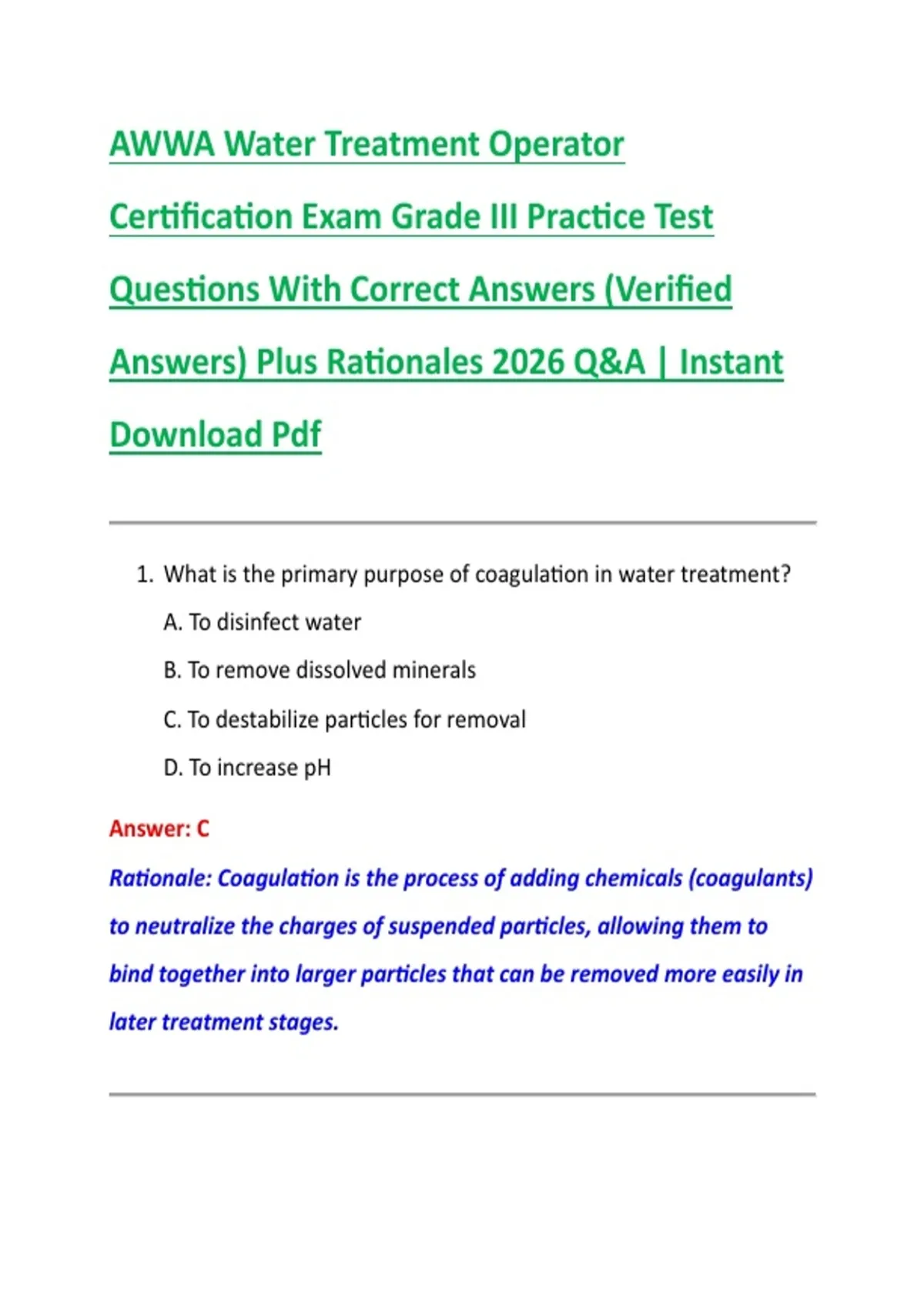 Awwa Water Testing AWWA Water Treatment Operator Certification Exam Grade III Practice ...