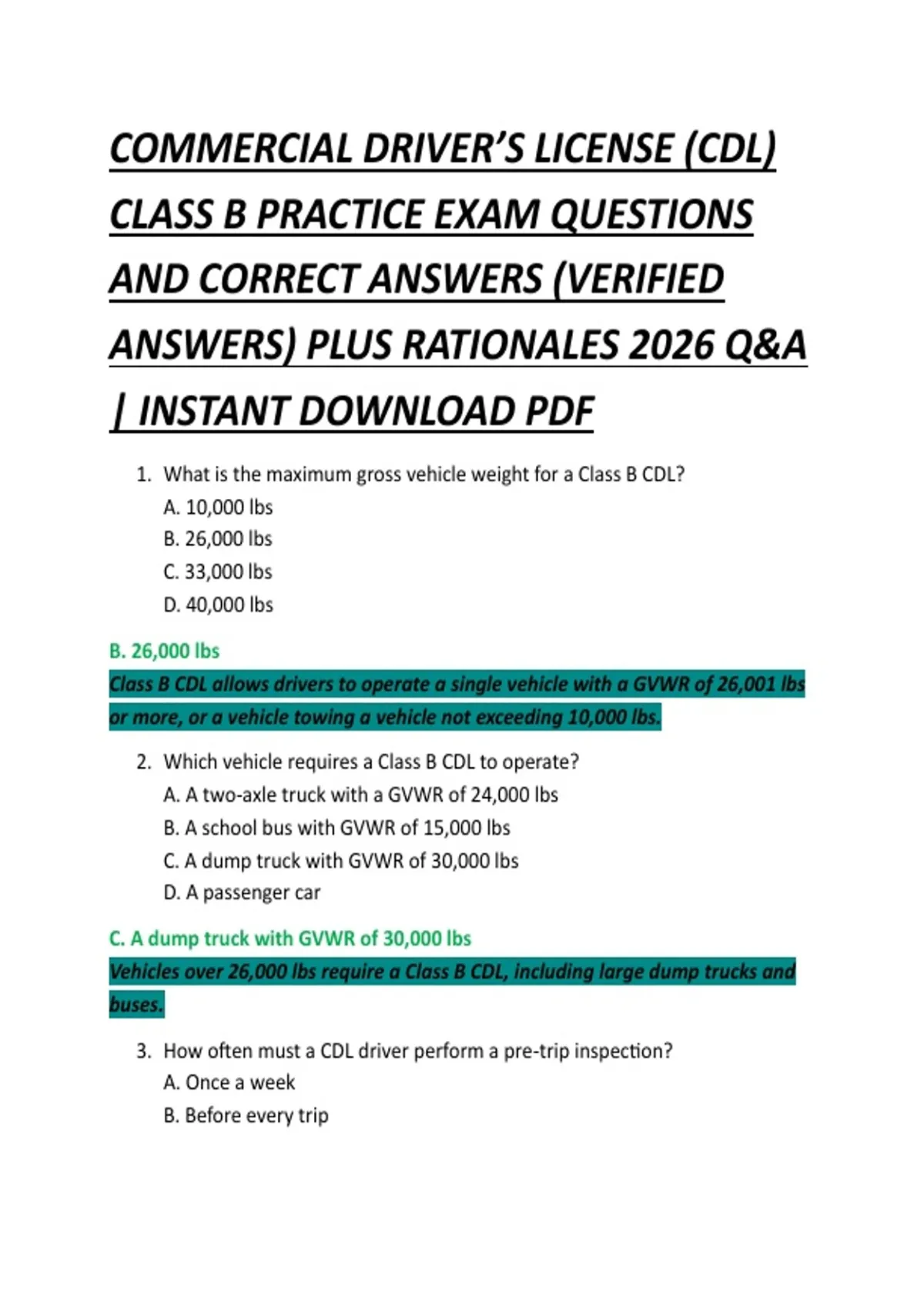 COMMERCIAL DRIVER’S LICENSE (CDL) CLASS B PRACTICE EXAM QUESTIONS AND CORRECT ANSWERS (VERIFIED ...