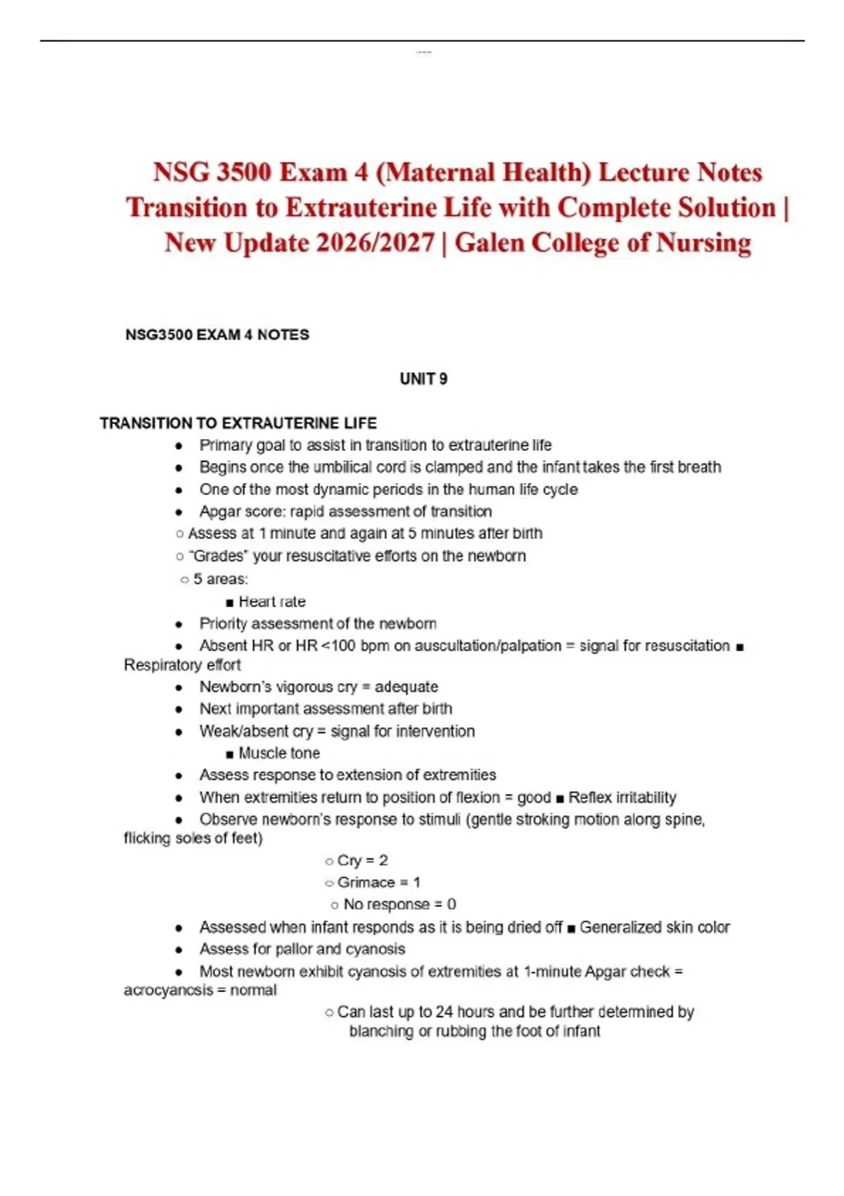 NSG 3500 Exam 4 (Maternal Health) Lecture Notes Transition to ...