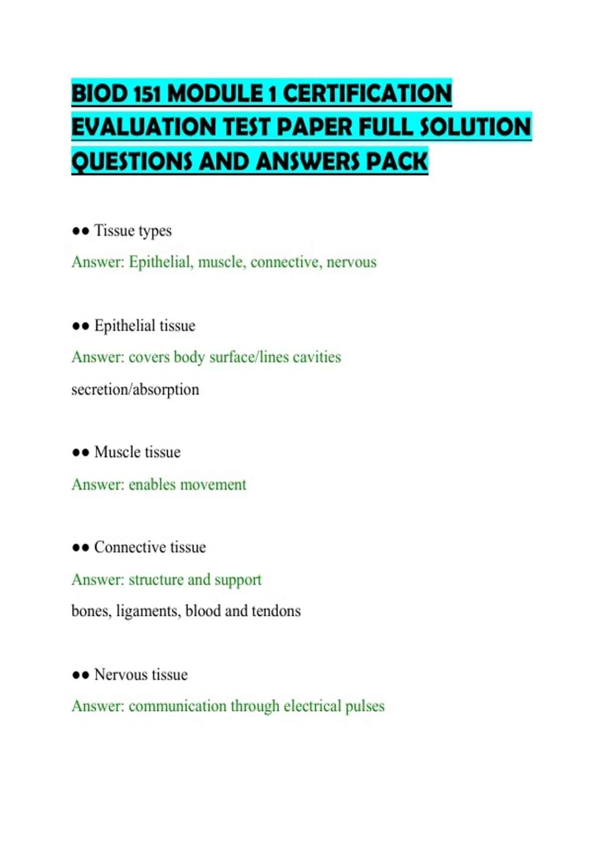 BIOD 151 MODULE 1 CERTIFICATION EVALUATION TEST PAPER FULL SOLUTION ...
