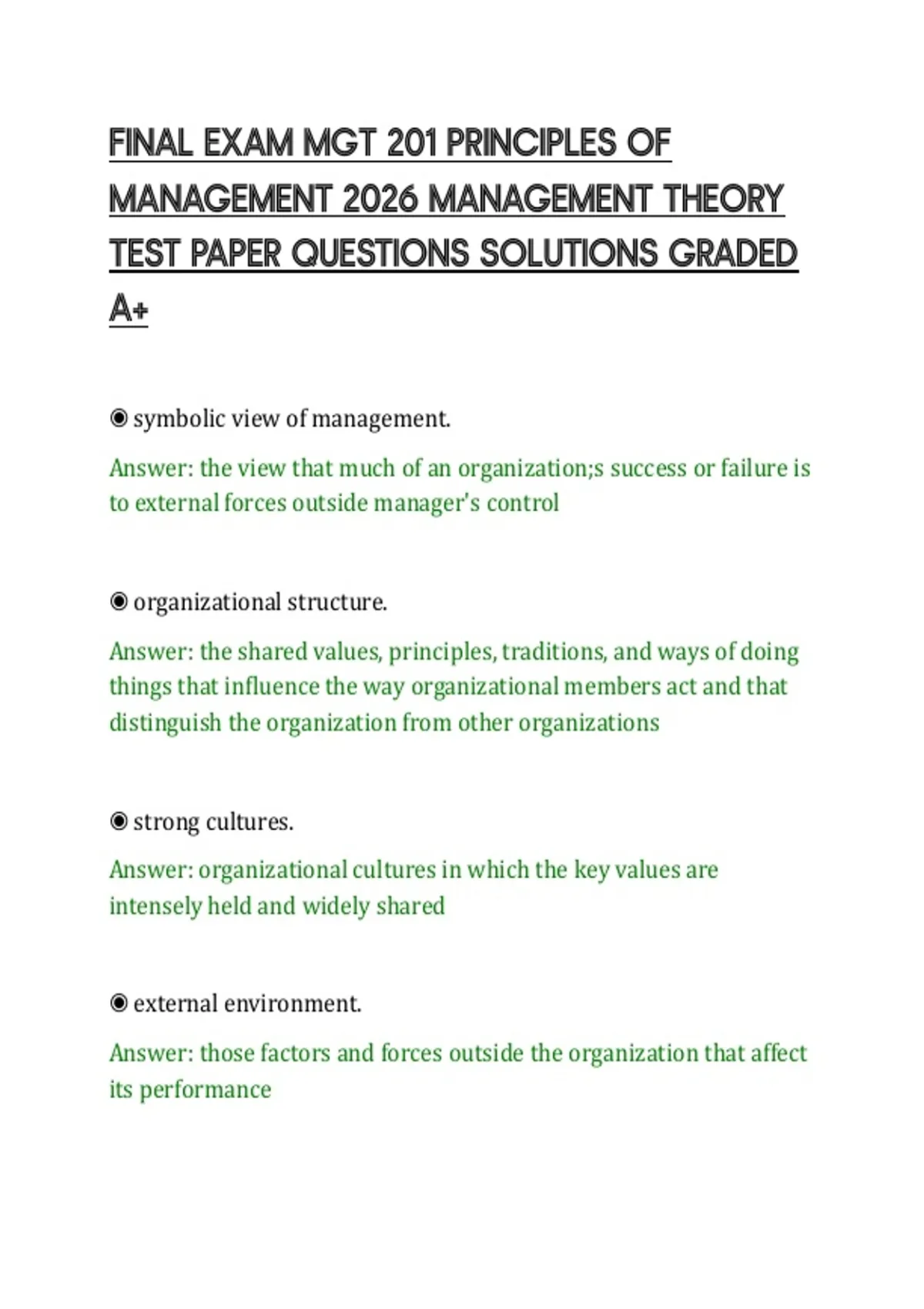 FINAL EXAM MGT 201 PRINCIPLES OF MANAGEMENT 2026 MANAGEMENT THEORY TEST ...