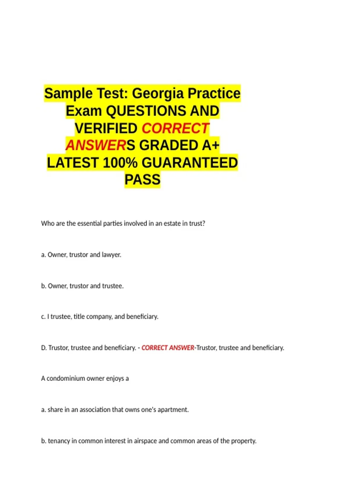 Sample Test Georgia Practice Exam QUESTIONS AND VERIFIED CORRECT ...