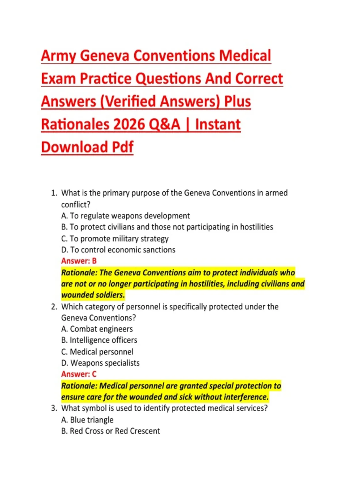 Army Geneva Conventions Medical Exam Practice Questions And Correct ...