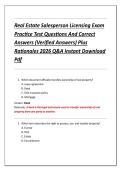 Real Estate Salesperson Licensing Exam &NewLine;Practice Test Questions And Correct &NewLine;Answers &lpar;Verified Answers&rpar; Plus &NewLine;Rationales 2026 Q&A Instant Download &NewLine;Pdf 