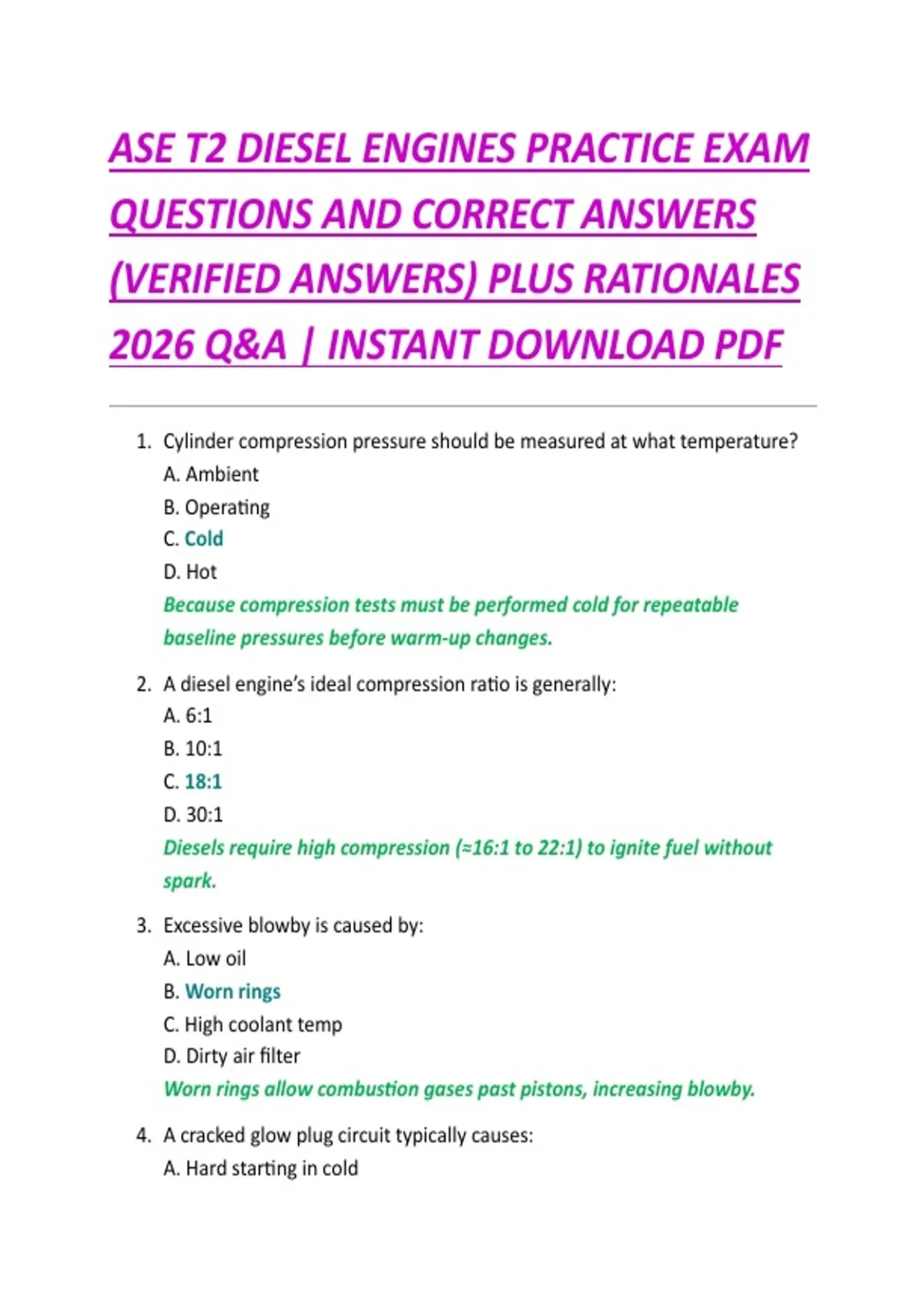 ASE T2 DIESEL ENGINES PRACTICE EXAM QUESTIONS AND CORRECT ANSWERS ...
