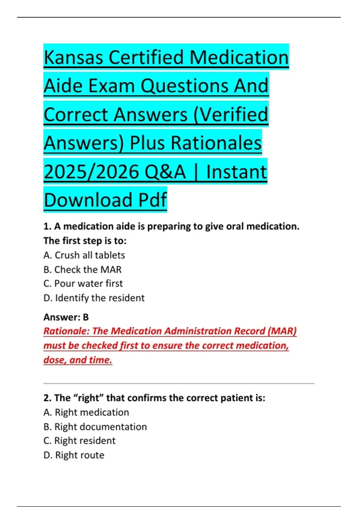 Kansas Certified Medication Aide Exam Questions And Correct Answers ...