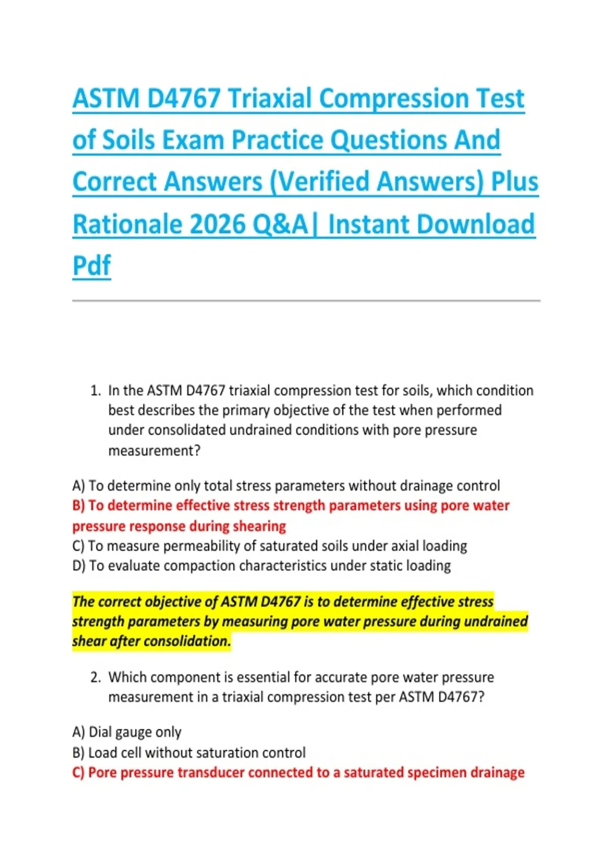 Soil Practical Test Questions ASTM D4767 Triaxial Compression Test of Soils Exam Practice Questions ...