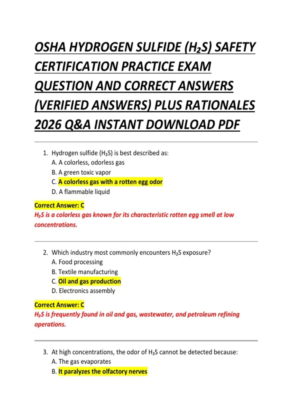 OSHA HYDROGEN SULFIDE (H₂S) SAFETY CERTIFICATION PRACTICE EXAM QUESTION ...