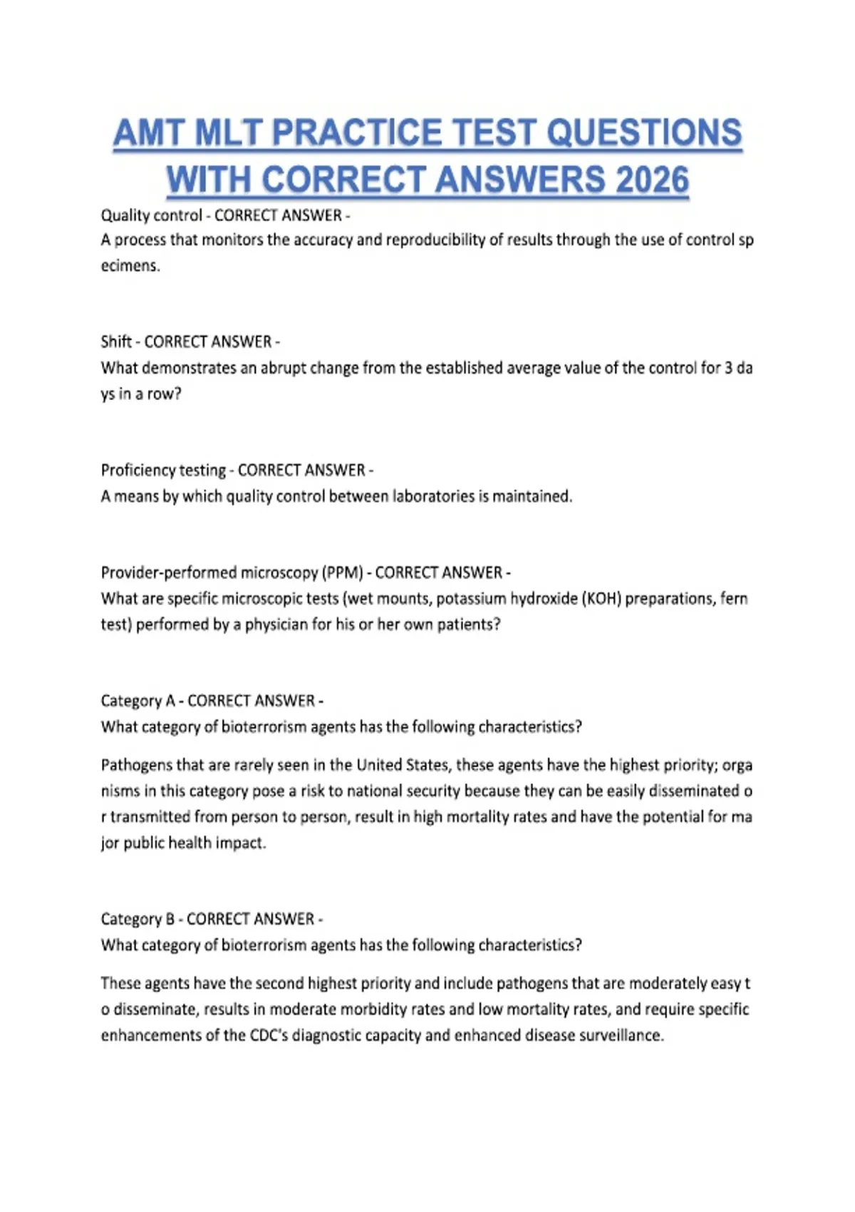 Mlt Comprehensive Exam Question Examples AMT MLT PRACTICE TEST QUESTIONS WITH CORRECT ANSWERS 2026 - AMT MLT ...