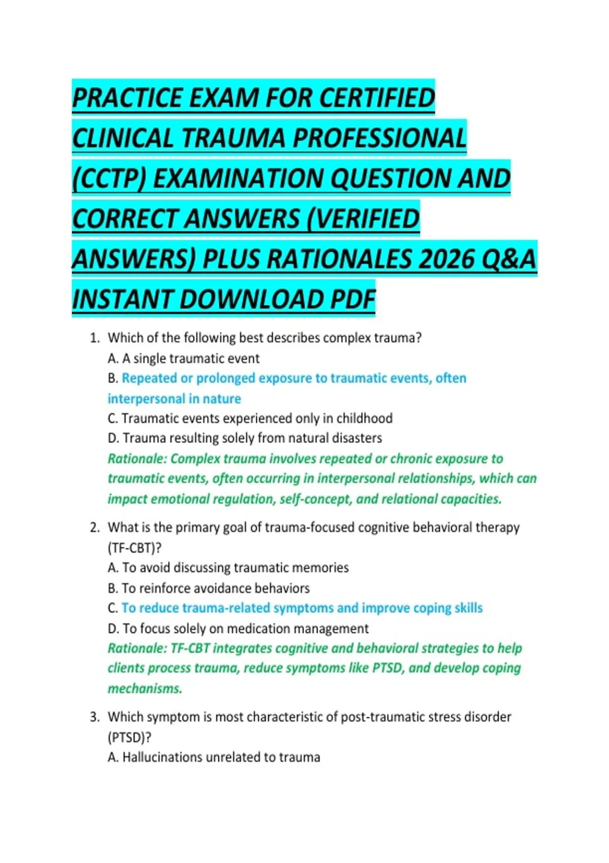 PRACTICE EXAM FOR CERTIFIED CLINICAL TRAUMA PROFESSIONAL (CCTP ...