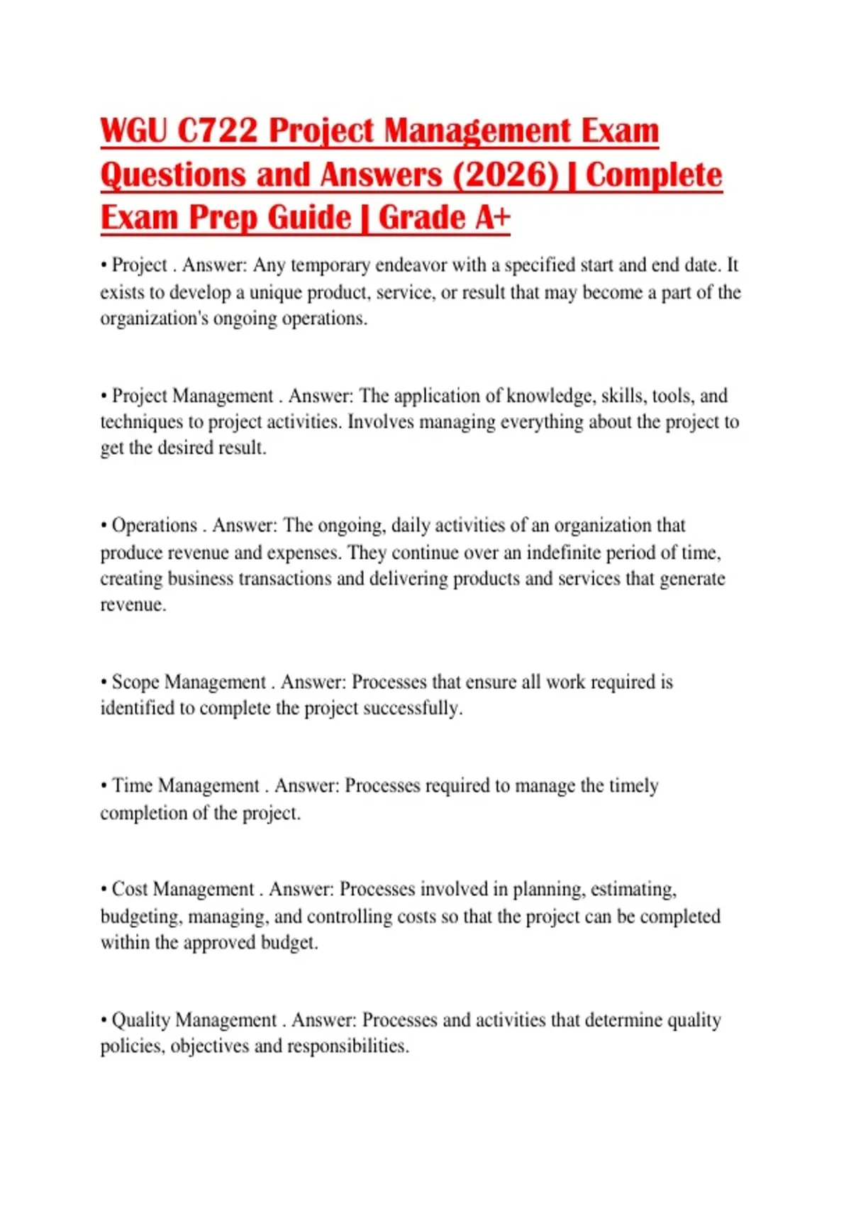 WGU C722 Project Management Exam Questions and Answers (2026 ...