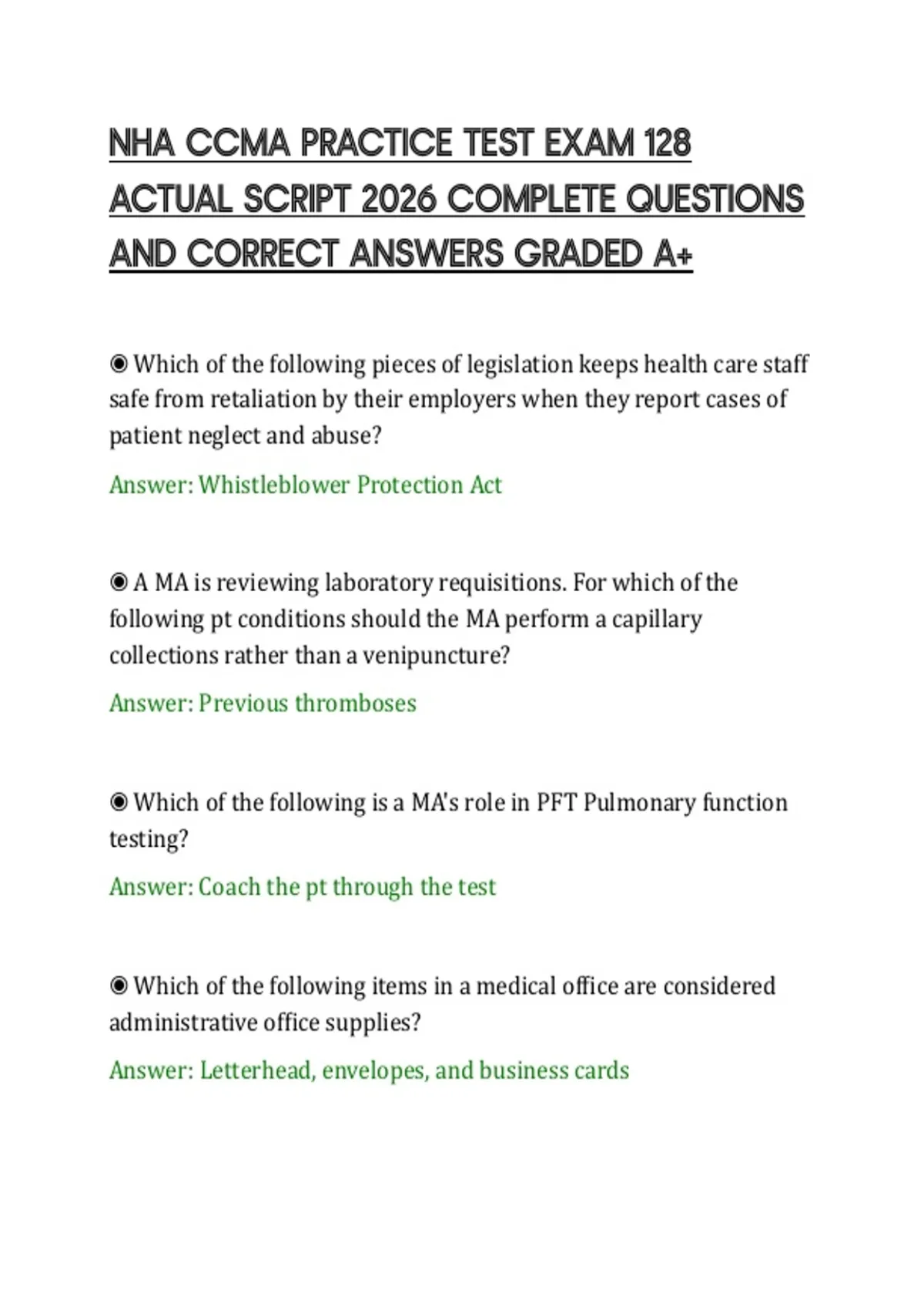 NHA CCMA PRACTICE TEST EXAM 128 ACTUAL SCRIPT 2026 COMPLETE QUESTIONS AND CORRECT ANSWERS GRADED ...