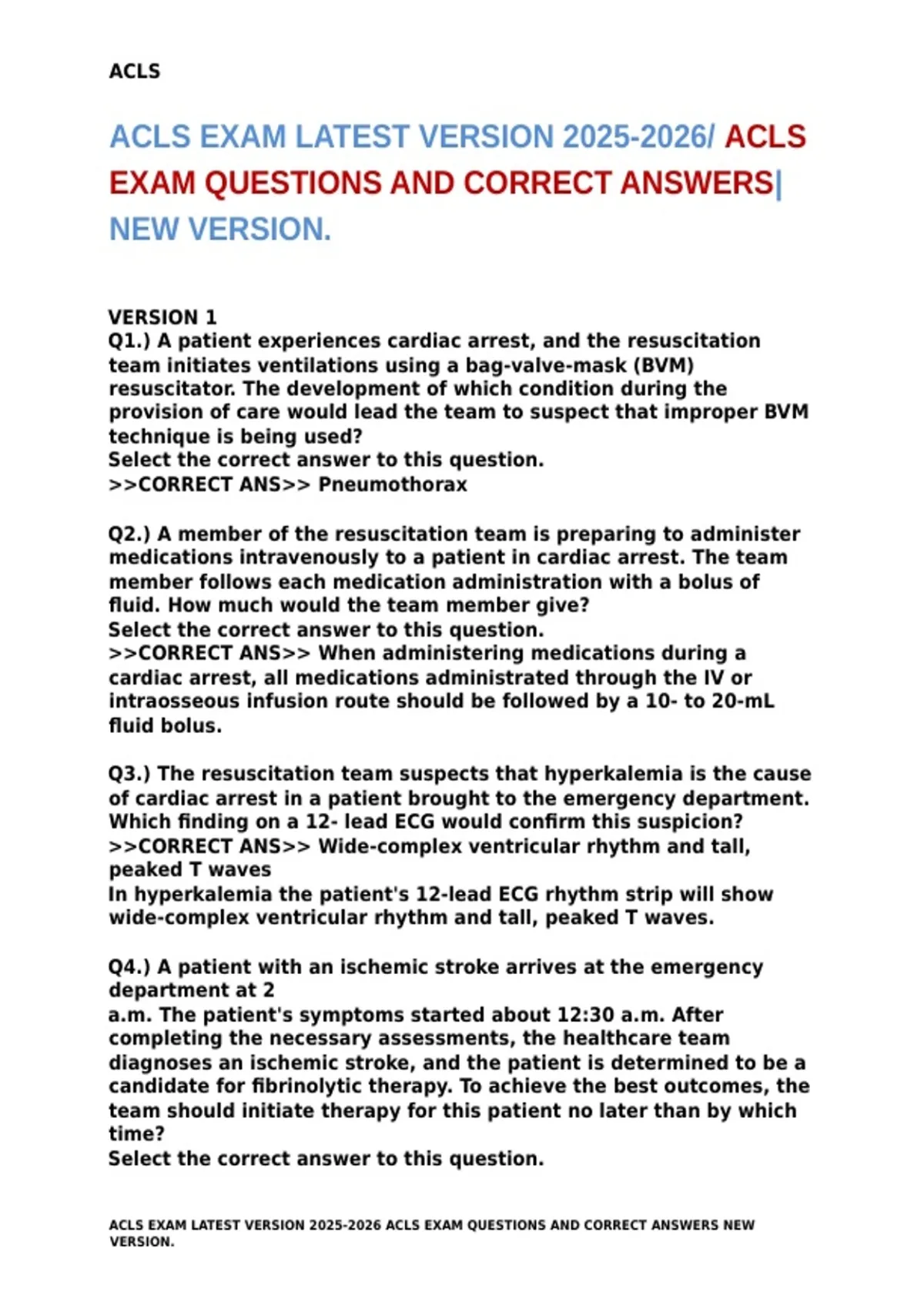 ACLS EXAM LATEST VERSION ACLS EXAM QUESTIONS AND CORRECT ANSWERS NEW ...